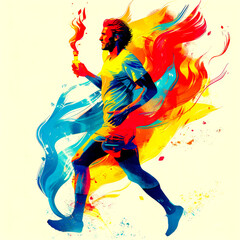Painting of man running with blue and yellow fire behind him.