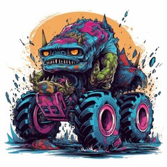 A cartoon monster truck with a big smile on its face drives through a mud puddle, splashing mud everywhere