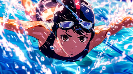 Girl in helmet and goggles swimming in pool of water.