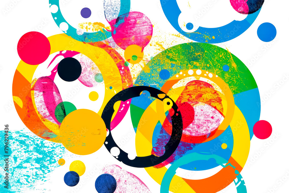 Poster Multicolored abstract painting with circles and dots on white background.