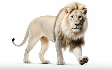 A majestic lion with a full, flowing mane walks towards the viewer against a white background