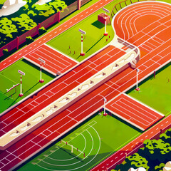 Aerial view of track and field with stadium in the background.
