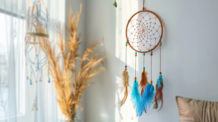 A dream catcher suspended above the bed in the bedroom, serving as both decoration and a symbol of harmony - obrazy, fototapety, plakaty