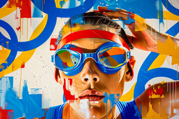 Painting of boy wearing goggles and red and blue band around his head.