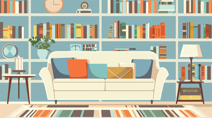 Living room with sofa and book shelves. Flat vector illustration