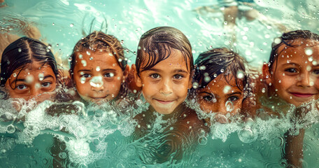 Group of young children swimming in pool with bubbles on the water.