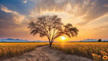 Fototapeta na wymiar Beautiful landscape of dry tree branch and sun flowers field against colorful evening dusky sky use as natural