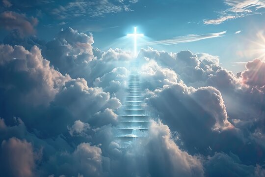 Ascending stairs through a luminous cross in the clouds, serene sky backdrop, hopeful vibe
