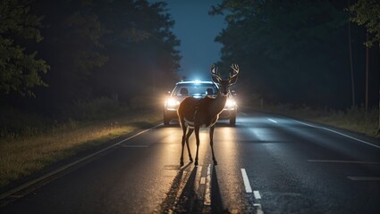 A deer is standing in the middle of a road at night. The headlights of a car are illuminating the deer. There are trees on either side of the road.

