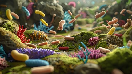 Digestive tract bacteria landscape, clear background for text - obrazy, fototapety, plakaty