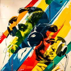 Painting of man with headphones on and rainbow striped background.