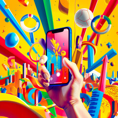 Person holding cell phone in front of colorful background of objects.