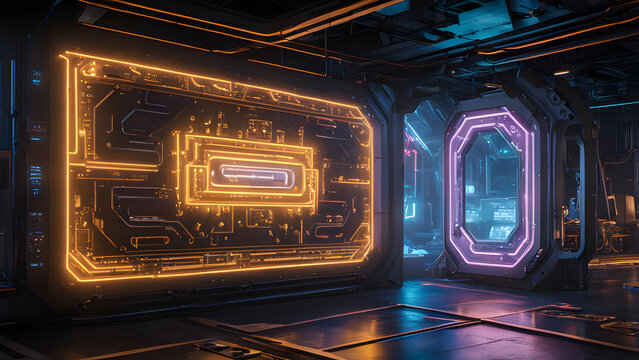 Futuristic AI Workspace with Holographic Screens. Perfect for: Tech Conferences, Cyberpunk-themed Events, Futuristic Presentations, Innovation Workshops