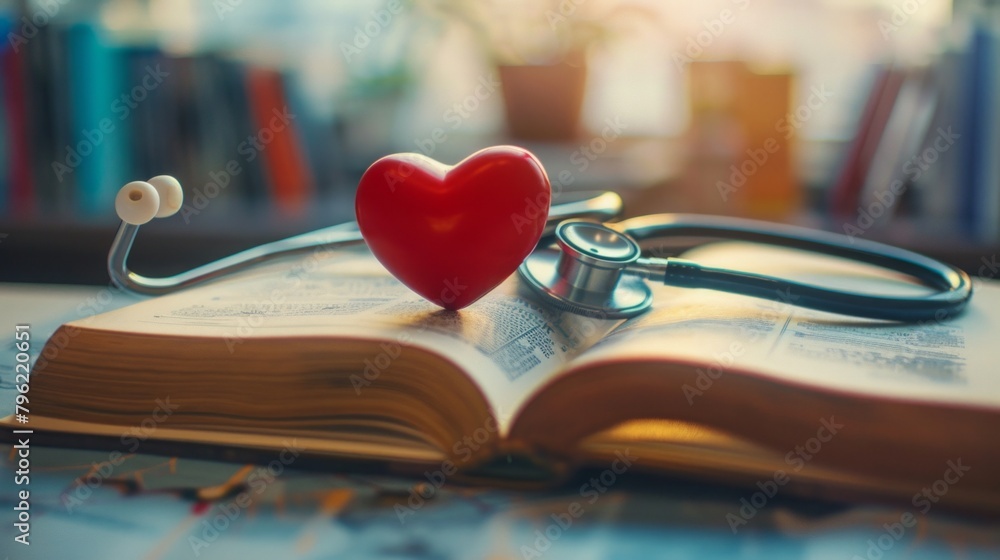 Poster a conceptual image depicting a stethoscope and a red heart placed on an open book with medical diagr
