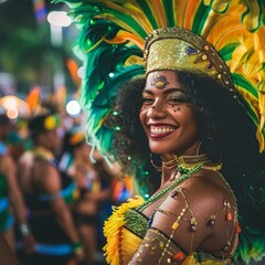 A Brazilian carnival performer in costume, the festivities and vibrant crowds blurred behind her radiant smile