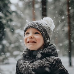 A Scandinavian child in a snow-covered landscape, the wintry forest softly blurred behind his joyful expression
