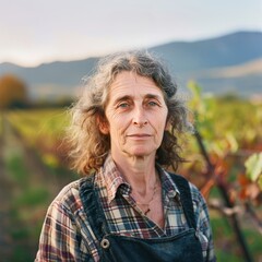 A French vineyard owner with rows of grapevines blurred behind her, reflecting her pride and passion for winemaking