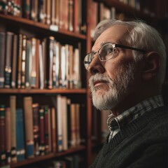 A senior Caucasian man in a library, shelves of books fading into soft focus behind his knowledgeable gaze