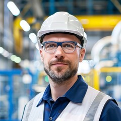 A German engineer in a manufacturing plant, machinery and assembly lines blurred in the background