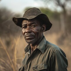 An African wildlife guide with a savannah landscape blurred in the background, his face exuding calm authority