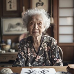 An elderly East Asian calligrapher in her studio, with delicate paper and ink stones blurred behind her focused expression