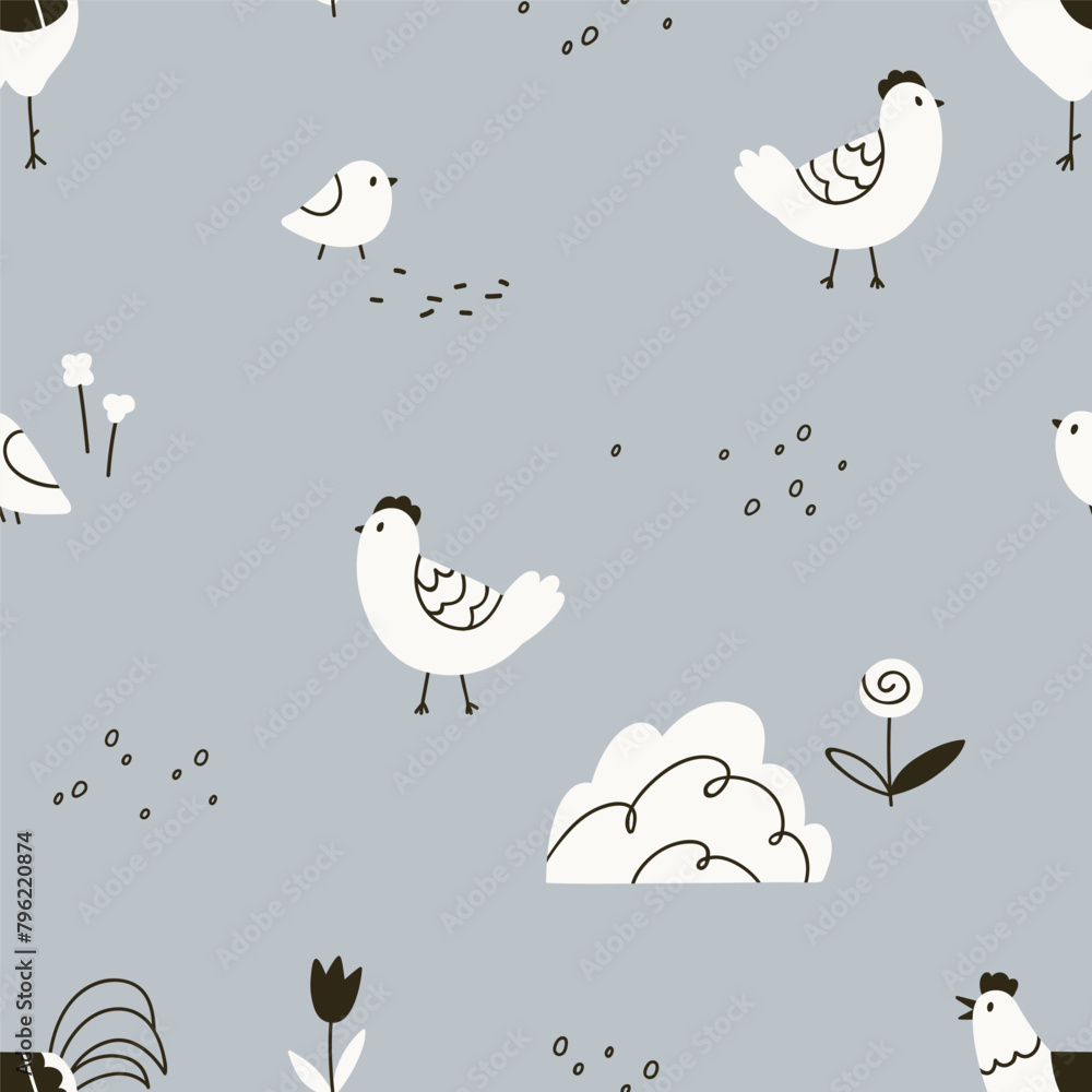 Poster seamless scandinavian pattern with chickens. hens, chicks and roosters, repeating print in a scandi 