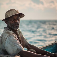 A Caribbean fisherman on his boat with the sea and horizon softly blurred in the background, showcasing his rugged optimism
