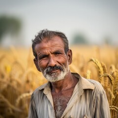 A South Asian farmer in front of a blurred field of golden wheat, his weathered face telling stories of hard work