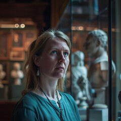 A British museum curator in an exhibit hall, historical artifacts softly blurred behind her insightful gaze