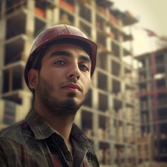 A young Middle Eastern architect with a blurred construction site behind him, his face reflecting ambition and vision