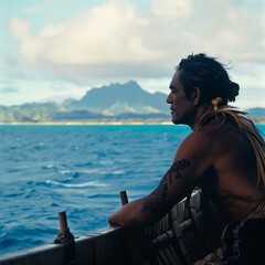 A Polynesian navigator on a boat, the expansive ocean and islands blurred in the backdrop