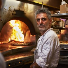 An Italian chef in a pizzeria, with a bustling kitchen and flaming pizza oven blurred behind him
