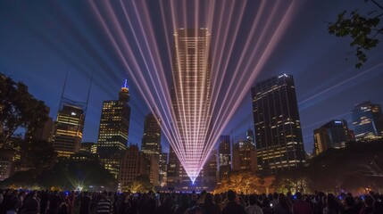 An iconic landmark building illuminated by a dazzling light show, drawing crowds of spectators to witness the spectacle and marvel at the beauty of cityscape illumination.