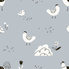 Seamless Scandinavian pattern with chickens. Hens, chicks and roosters, repeating print in a Scandi doodle kids style. Rural farm birds, endless country background. Flat graphic vector illustration