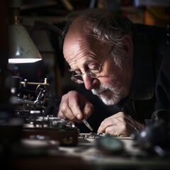 A Swiss watchmaker in his workshop, the intricate tools and watch parts blurred behind his focused eyes