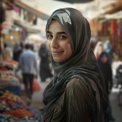 A Middle Eastern woman in a hijab with a bustling market scene blurred behind her, displaying a gentle smile