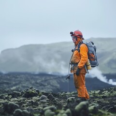 An Icelandic geologist near a volcanic site, the rugged, misty landscape blurred in the background