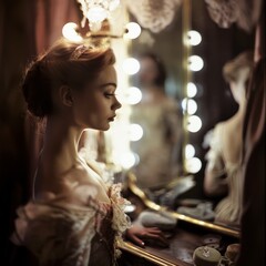 A Russian opera singer backstage, her dressing room mirror and costumes blurred behind her elegant pose