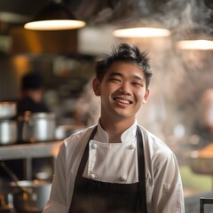 A young Asian chef in a bustling restaurant kitchen, focus on his smiling face with steaming pots and pans blurred in the background