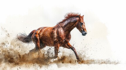 watercolor brown horse galloping in dust, white background - obrazy, fototapety, plakaty