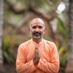 An Indian yoga instructor in a peaceful pose with a serene ashram environment blurred in the background