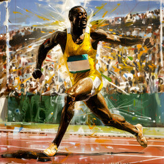 Painting of man running on track in front of crowd. - obrazy, fototapety, plakaty