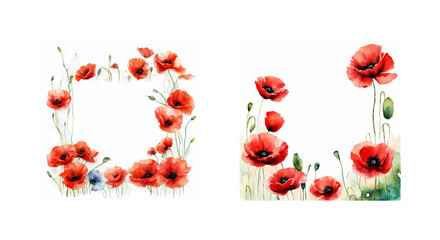 Elegant watercolor frames with bright poppies, perfect for cards, invitations, botanical illustrations, decorative elements and social media posts