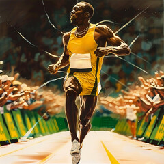 Painting of man running on track in front of crowd.