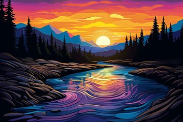 Winding River Reflection Gradients Festival Wallpaper: Serene River Artwork - obrazy, fototapety, plakaty