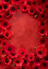 fond rouge encadré par plein de fleurs de coquelicots