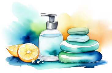 watercolor illustration of a spa salon,beauty salon,stones,oils - obrazy, fototapety, plakaty
