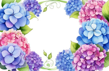 Watercolor frame made of blue hydrangea with free space for text, card,border