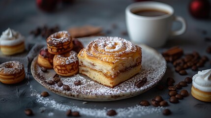 Crispy fresh pastries and coffee mugs for breakfast ideas. Bakery. Taste breakfast.
