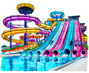 Drawing of water park with water slide and swimming pool. - obrazy, fototapety, plakaty